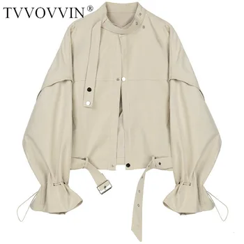 

TVVOVVIN Loose Fit Drawstring Bandage Spliced Big Size Jacket New Stand Long Sleeve Women Coat Fashion Autumn Winter 2019 F019