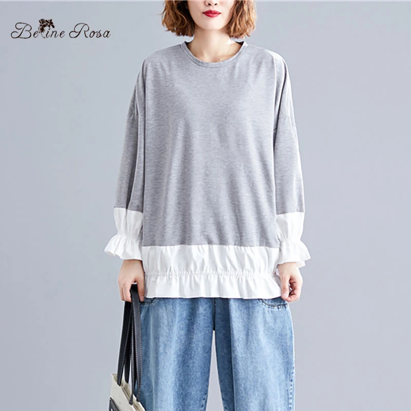 

BelineRosa Casual Plus Size Women Clothes Loose Tops and Tees Ruffled Hit Color Cotton T-shirts Women TTFS0005