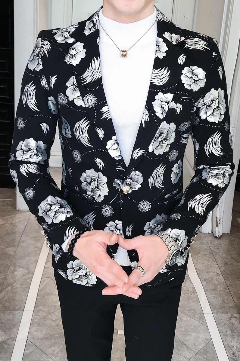 Мужской блейзер серебристого и золотистого цвета, роскошные спортивные пиджаки для выпускного с цветочным принтом на одной пуговице, модный приталенный мужской блейзер для свадебной вечеринки