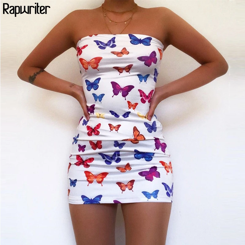 

Rapwriter Off Shoulder Butterfly Print Strapless Sheath Dress Spring Women 2020 Summer Bodycon Backless Ladies Party Mini Dress