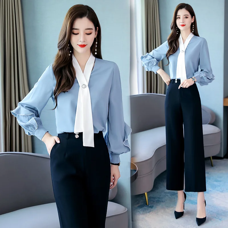 

2019 Autumn New Style Lace-up Sleeve V-neck Chiffon Blouse Two-Piece Set Fashion Elegant Sweet Slim Fit Comfortable