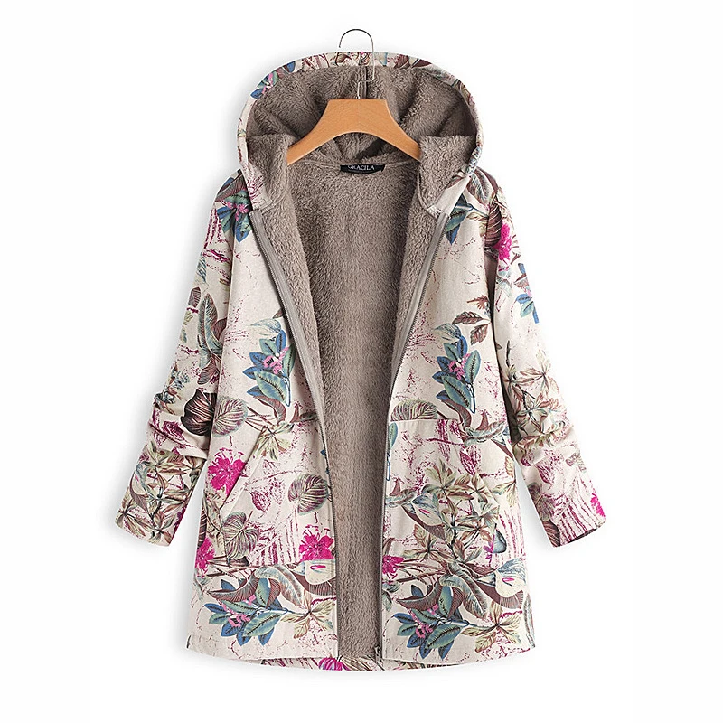 Новые зимние женские хлопковые и льняные куртки на молнии с принтом теплое бархатное пальто с цветочным принтом и кепкой для женщин
