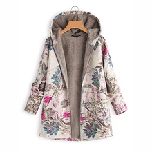 Новые зимние женские хлопковые и льняные куртки на молнии с принтом теплое бархатное пальто с цветочным принтом и кепкой для женщин