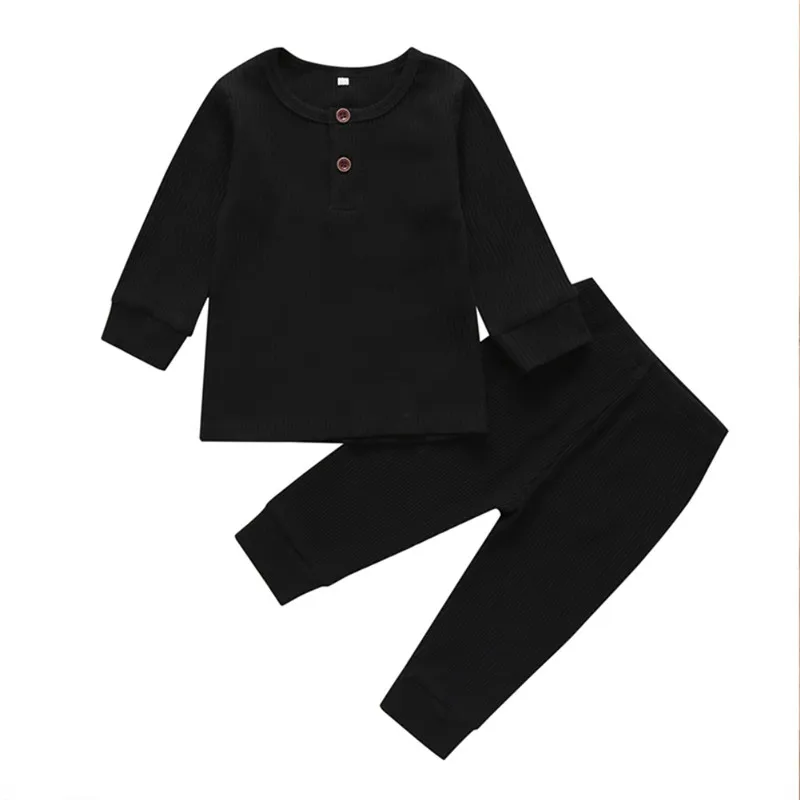 От 0 до 3 лет, комплект одежды для новорожденных мальчиков и девочек, вязаный хлопковый топ с длинными рукавами и штаны, костюм милая простая одежда для сна, пижамный комплект - Цвет: Черный