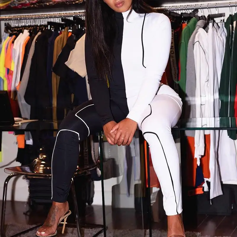 Женский сексуальный Облегающий комбинезон с высоким воротом, повседневный эластичный комбинезон с длинным рукавом в стиле пэчворк, спортивный Облегающий комбинезон