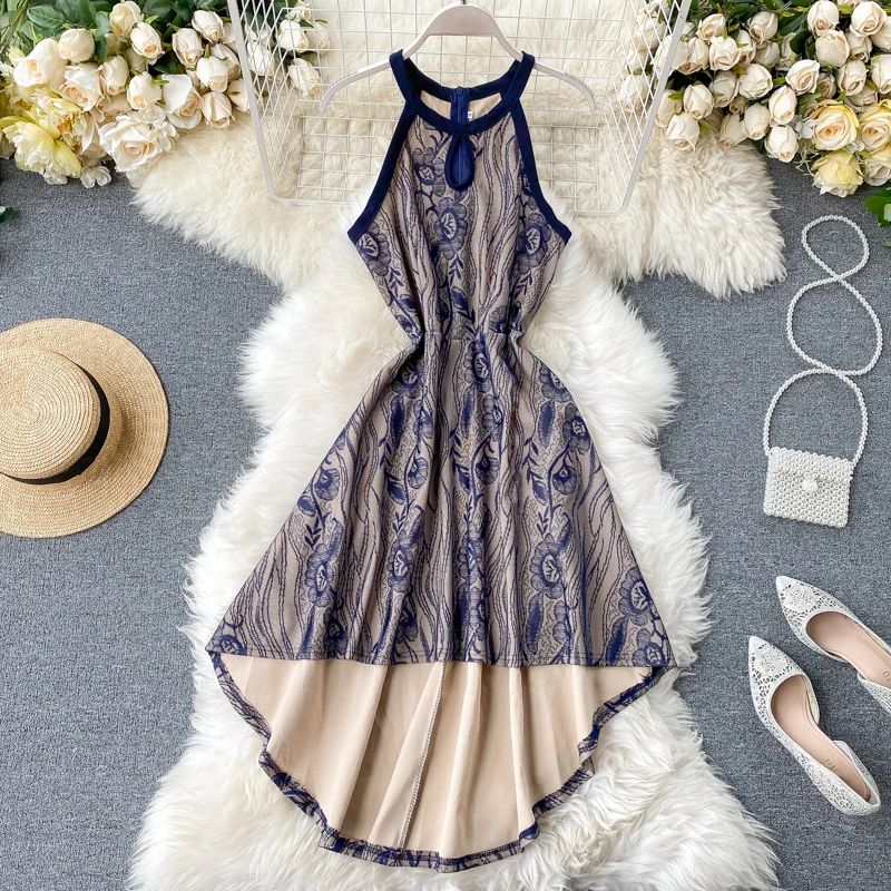 Vintage 2020 halter neck Slim sexy lace crochet irregular midi long dress Summer party tank sundress Women elegant beach dress