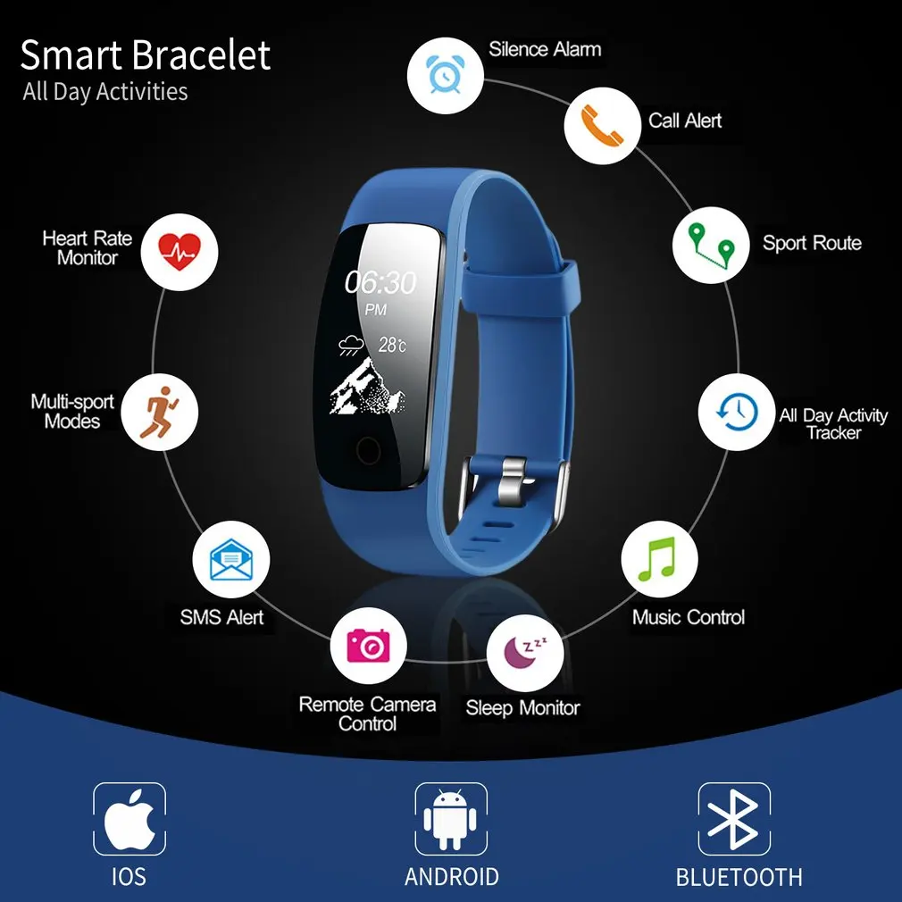 Smart Wristband Bracelet Waterproof Heart Rate Monitor Fitness Tracker Touch Screen for Android for iOS Smartband
