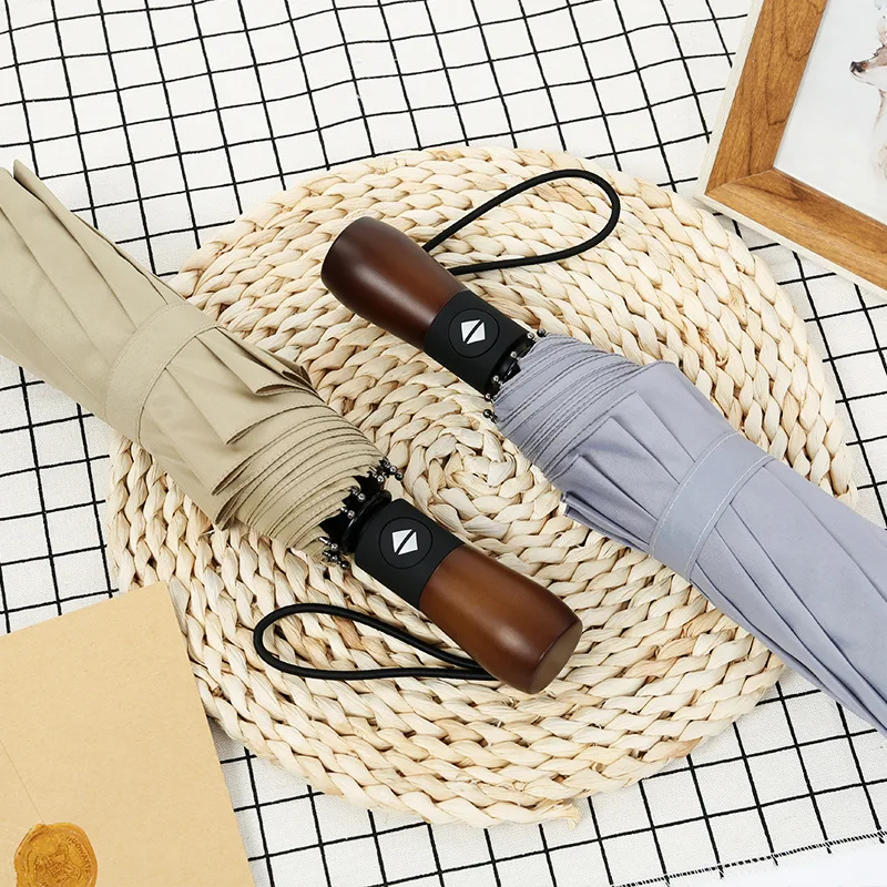 

Ten Bone Windproof Umbrella Three Fold Fully Automatic Umbrella Folding Umbrella Men And Women Business Solid Wood Handle Retro
