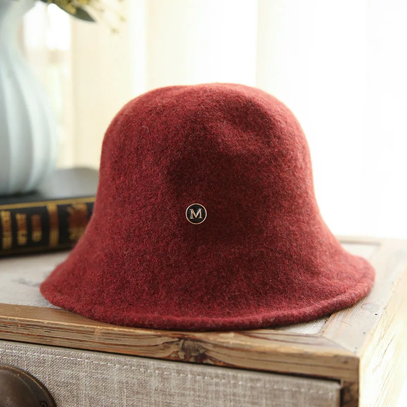 Новинка, австралийская шерсть, шапка с буквенным принтом M, Толстая теплая зимняя шапка, одноцветная, складной ковшик, шапка LM039 - Цвет: Красный
