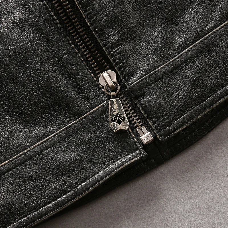 New Men Genuine Motorcycle Leather Jacket Fashion Appliques Real Cowskin Riding Biker Jackets Winter Coats