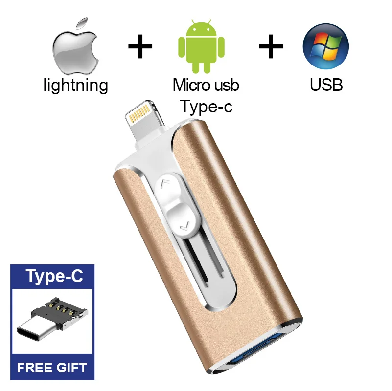 Бесплатный адаптер type-C горячий! OTG USB флеш-накопитель для Apple iPhone iPad 16 ГБ 32 ГБ 64 Гб 128 ГБ USB карта памяти 3 в 1 OTG для Android ПК