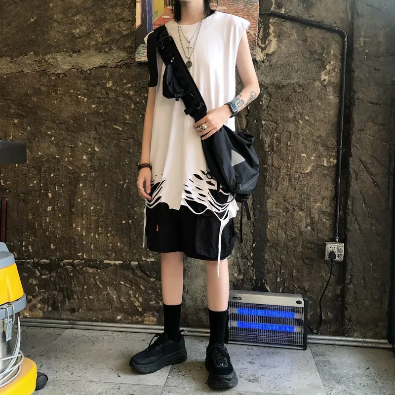 Корейский Harajuku летняя уличная мужская белая жилетка Плюс Размер Топ wo Мужская хип-хоп круглое отверстие шеи без рукавов Футболка женская рваная
