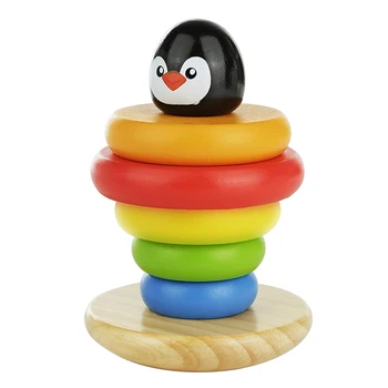 

Penguin Wooden Colorful Rainbow Stacking Rings ,Solid Wood Baby Toy for Toddler Boys and Girls Age 1 Year and Up