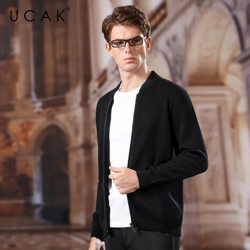 Promo UCAK Brand Sweatercoat Men 2020 New Arrival Fashion Spring Autumn Wool V-Neck Casual Solid Zipper Streetwear Sweaters Men U1044