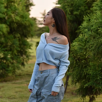 

Women Pointelle V neck Crop Knit Cardigan