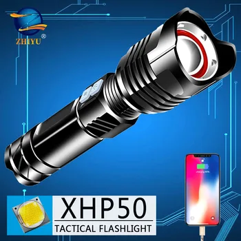 

ZHIYU Most Powerful LED Flashlight USB Rechargeable LED Torch Use 26650 Battery XHP50 Tactical Flashlight Hand Lamp for Camping