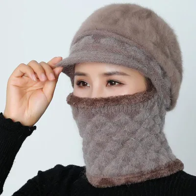 Зимняя Круглая Шапочка без полей Skullies вязаные шапочки зимние, шапки для женщин девушки шерсть шапочки с шарфами Балаклава маска Knitted шапка вязаная мама шапка - Цвет: coffee