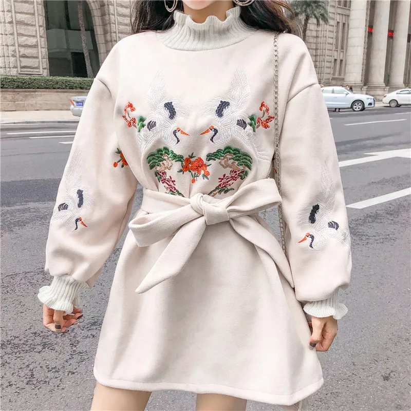 

Cranes Embroidery Winter Dress Women Thick Pullover Ruffles Turtleneck Plus Size Batwing Sleeve Korean Sweatshirt Dress Loose