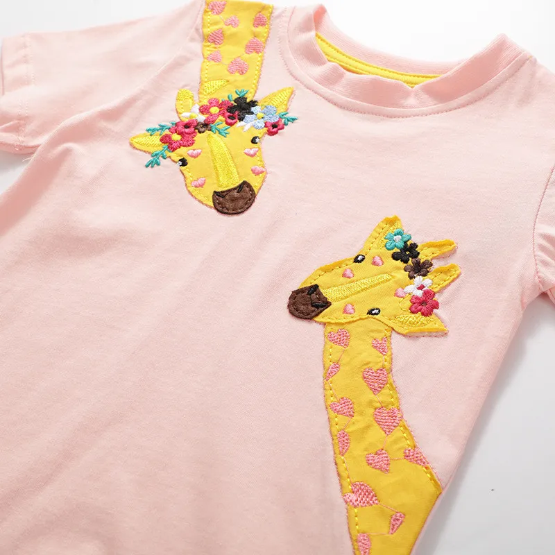 Camisetas de algodón con bordado de animales para niñas, ropa de moda para niños, Tops de manga corta