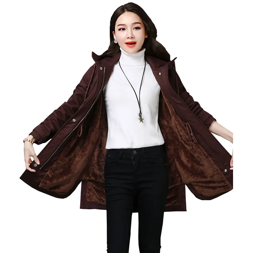 

Women Winter Cotton Jacket New Elegant Hood Overcoat Female Casual Plus size Loose Jacket plus velvet Warm Jacket OK216
