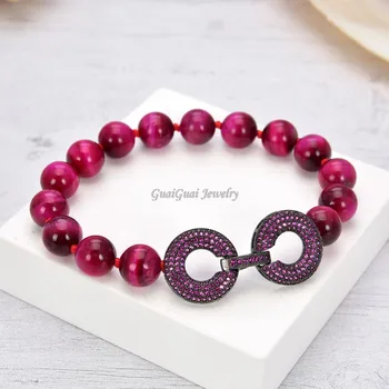 

GuaiGuai Jewelry 8'' Fuchsia Round 10mm Tiger Eye Bracelet cz pave Clasp