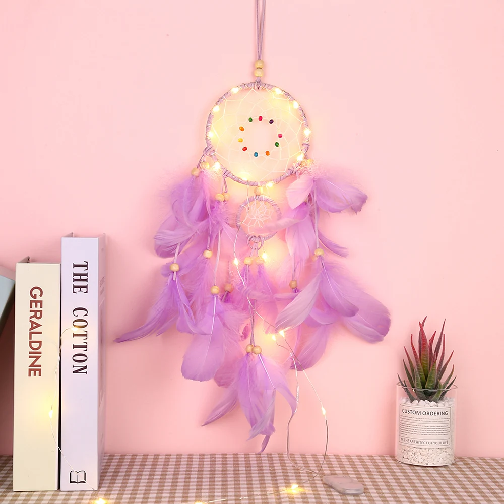 New Feather Dream Catcher with 20 LEDs String Lights Handmade Wall Hanging Decoration Chritmas Bedroom Home FeatherOrnaments