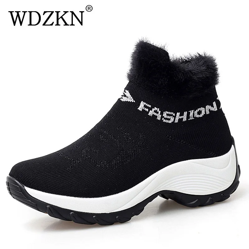 

WDZKN 2019 Fashion Women Snow Boots Wedges Platform Winter Warm Shoes Women Ankle Boots Stretch Knitted Sock Cotton Boots H1857