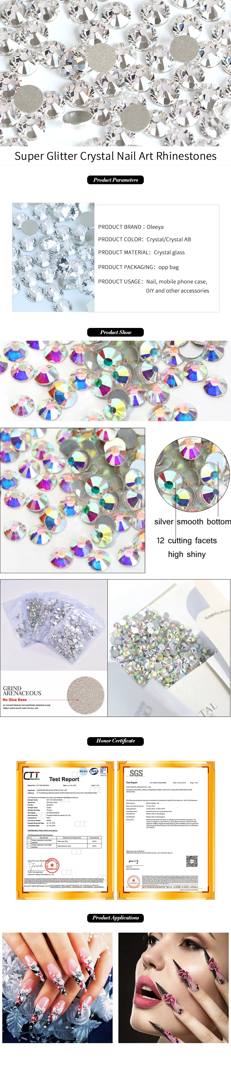 Oleeya Super Glitter Crystal Nail Art Rhinestones SS3-SS50 Flatback Clear Non Hot Fix Rhinestones