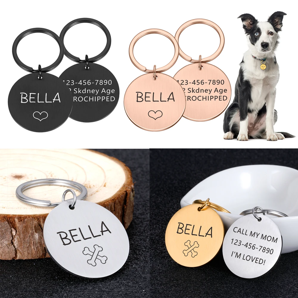 Doble-lado personalizado Nombre, dirección etiquetas para mascota, perro Collar gato accesorios Pet etiqueta de identificación para perros, collares de acero inoxidable etiqueta