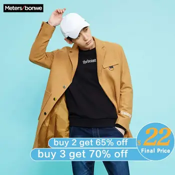 

METERSBONWE Winter Men Wool Coat Medium-Long Overcoat Slim Korean Suit
