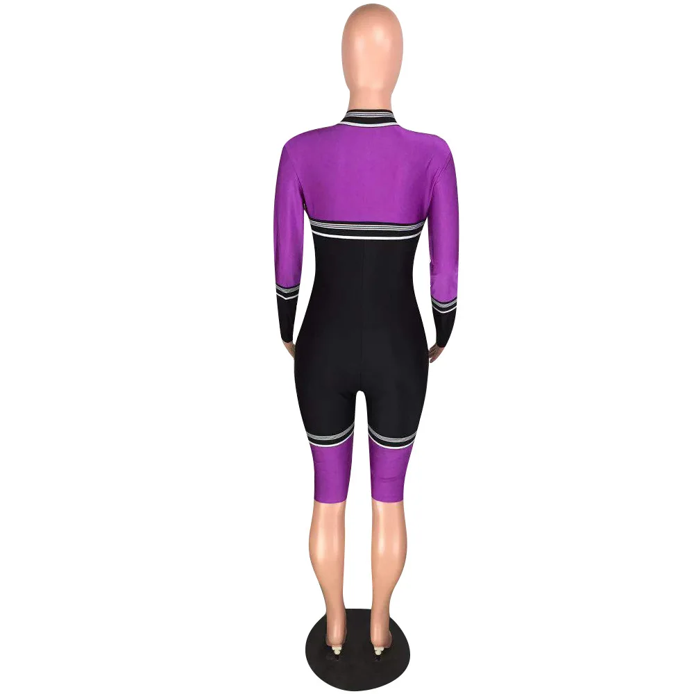 Цвет в стиле пэчворк с длинным рукавом Повседневные костюмы пляжного стиля на молнии с глубоким v-образным вырезом, большие Размеры осенний лиловый неоновый зеленый Для женщин Клубные пикантные комбинезоны; комбинезон