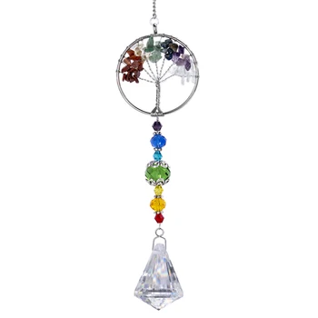 

H&D Chakra Healing Natural Stone Tree of Life Suncatcher Window Hanging Ornament Rainbow Maker Collection For Home Garden Decor