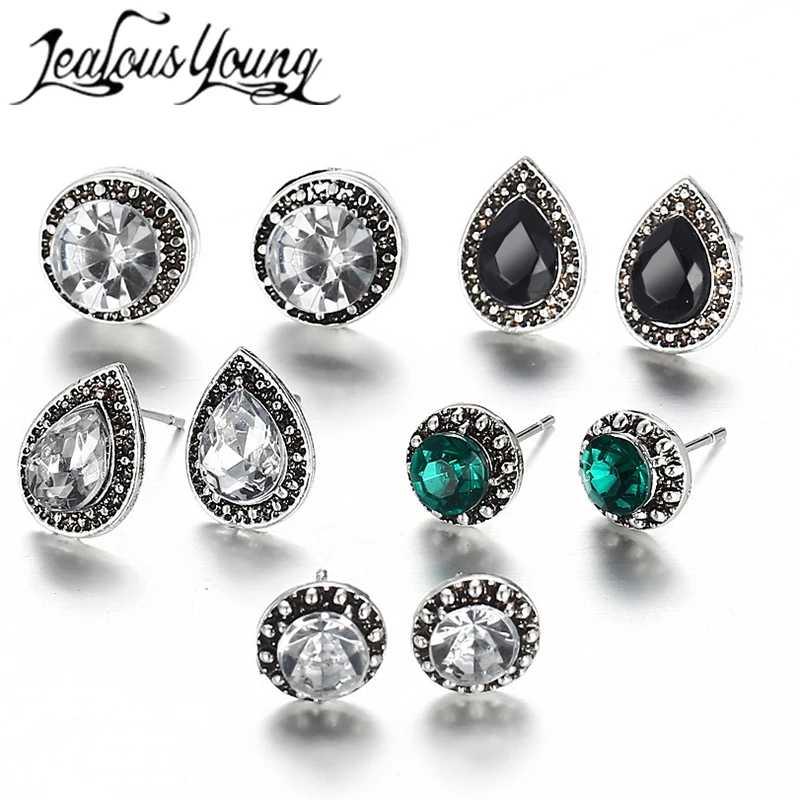 Винтажный черный пистолет Круглый Стад Комплект сережек для женщин вечерние зеленый кристалл свадебные серьги Boho Brincos женские ювелирные изделия