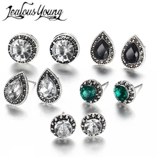 Винтажный черный пистолет Круглый Стад Комплект сережек для женщин вечерние зеленый кристалл свадебные серьги Boho Brincos женские ювелирные изделия