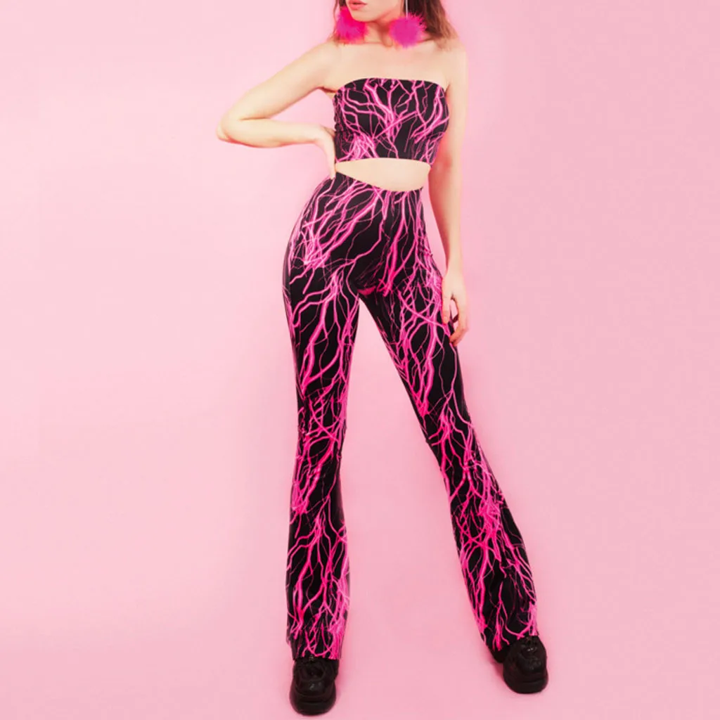 

Lightning printed hot pink sexy Set Women Strapless crop Tops High Waist Flares Pants 2 Piece Outfits Bandeau Tube Top Pant suit