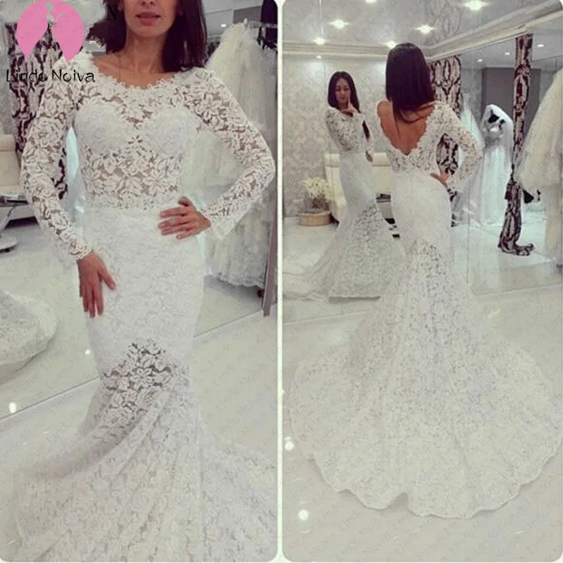 Дешевые Vestido De Noiva индивидуальный заказ с длинными рукавами Кружева Русалка свадебное платье Элегантный Совок Свадебные платья без спинки