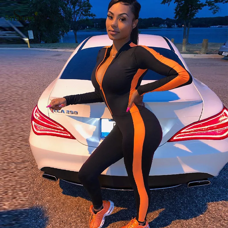 Sexy Black Bodycon Neon Green Orange Stripe Long Sleeve Jumpsuit Women Streetwear Fall Overall Fashion Club Zipper Skinny Romper
