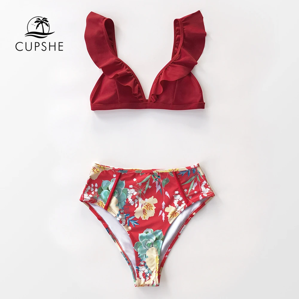 

CUPSHE Red Floral Ruffled High-Waisted Bikini Sets Sexy Padded Cups Swimsuit Two Pieces Swimwear Women 2020 Beach Bathing Suits