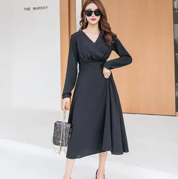 

Autumn Black Midi Dress Long Sleeve V-neck Slim Waist Swing Dress Workwear Office Ladies Dresses Vestidos