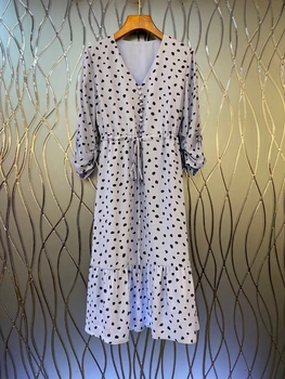 

2020 Early Autumn New Women's V-neck Dot Prints Waist Drawstring Lace Long-Sleeved Dress 810