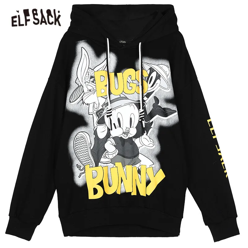 ELFSACK Harajuku Black Cartoon Print Casual