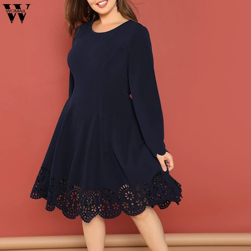 Womail, зимнее женское платье размера плюс, модное женское платье с круглым вырезом и длинным рукавом, большие размеры, Vestidos ST04