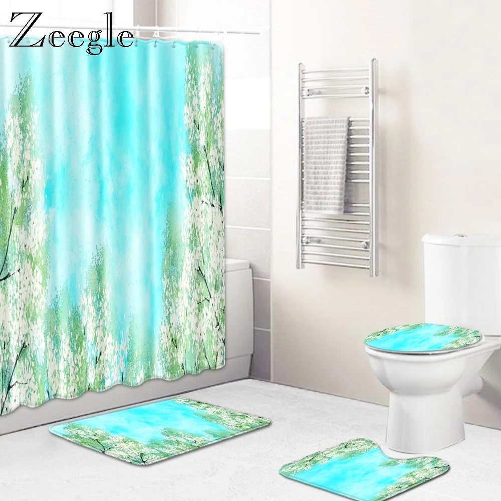 Zeegle 4Pcs Bath Mat Set Bathroom Shower Curtain Toilet Cover Seat Anti Slip Toilet Pedestal Rug Waterproof Bathroom Curtain Set