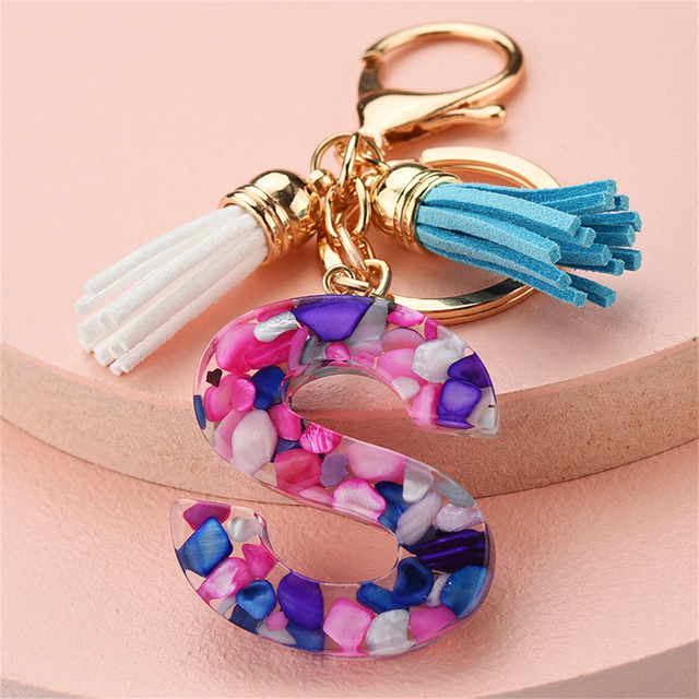 Women Keychains 26 Glitter Hollowed-out Words Handbag Tassel English Letter Keyring with Puffer Ball Charms Free Shipping