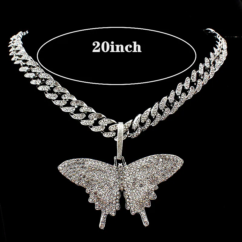 Hip Hop Pendant Necklace with 12mm Miami Cuban Chain Iced Out Bling Rapper Rock Butterfly Choker Necklace Men Male Charm Jewelry