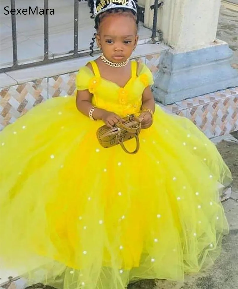 

New Custom Kids Party Gown Puffy Tulle Pearls Princess Off Shoulder Pageant Dress Flower Girl Dresses