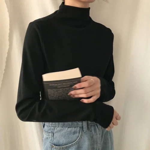Black plus velvet Водолазка джемпер женский осень и зима дикий тонкий белый Западный черный длинный рукав футболка - Цвет: Black plus velvet