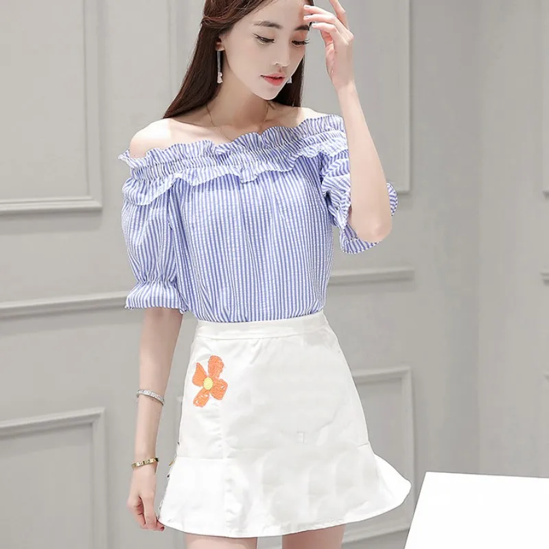 Women Blouse Elegant Off Shoulder Blouse Shirt Sexy Summer Striped Blusas Women Tops Female Blouse