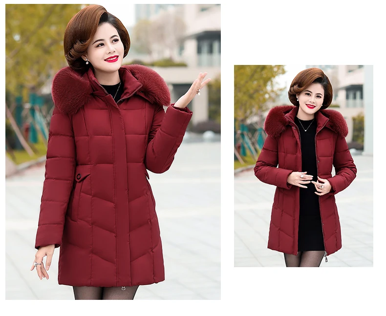 Женская куртка среднего возраста, зимняя, размера плюс, 6XL, утолщенная, теплая, с капюшоном, на пуху, хлопок, длинное пальто, высокое качество, меховой воротник, женские парки