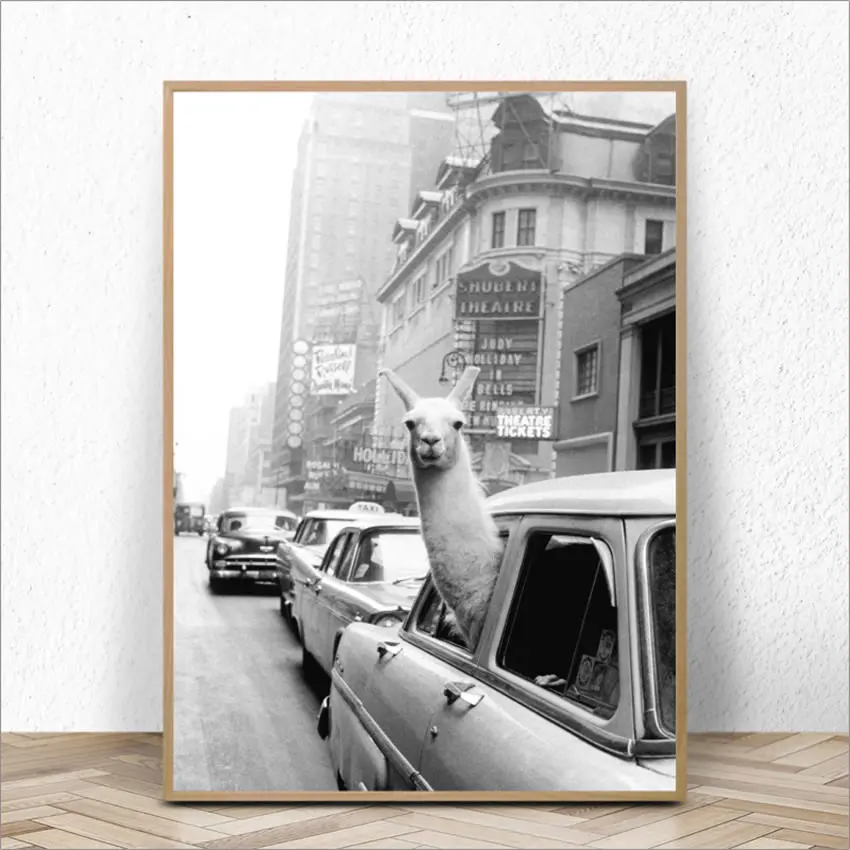 Лама в такси на Таймс Сквер холст печать и плакат Винтаж лама печать Нью-Йорк фото картина стены Искусство домашний декор
